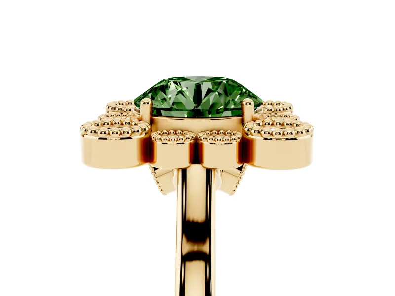 Round Milgrain Cluster Halo Engagement Ring Setting for a Fancy Green Lab-Grown Diamond | Plain Band | Yellow Gold