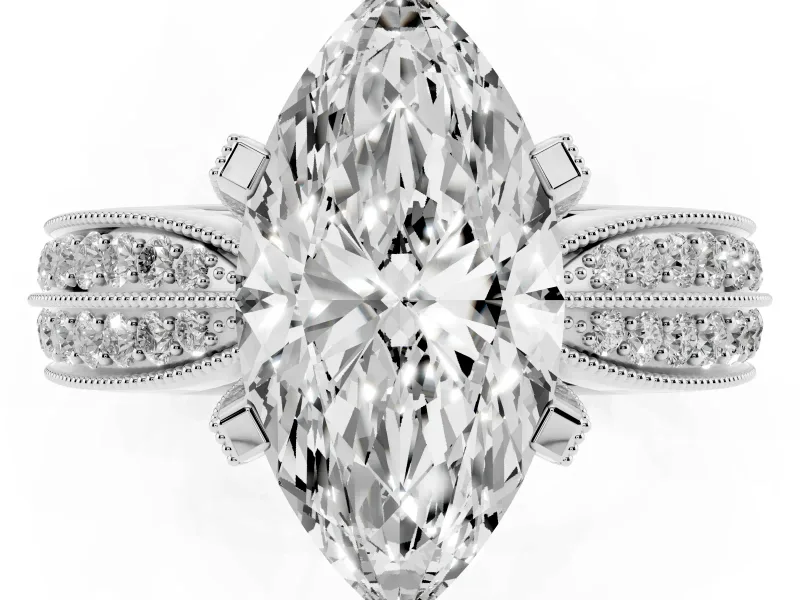 Marquise Cut Diamond Solitaire Ring Set in Silver with Milgrain Double Row Round Pavé Band