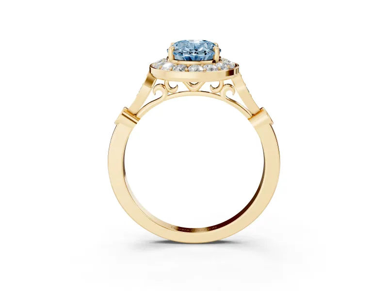 Oval Halo Engagement Ring Setting for a Fancy Blue Lab-Grown Diamond | Bezel Stations | Yellow Gold