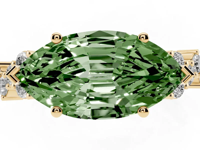 Marquise Scattered Accent Engagement Ring Setting for a Fancy Green Lab-Grown Diamond | Yellow Gold