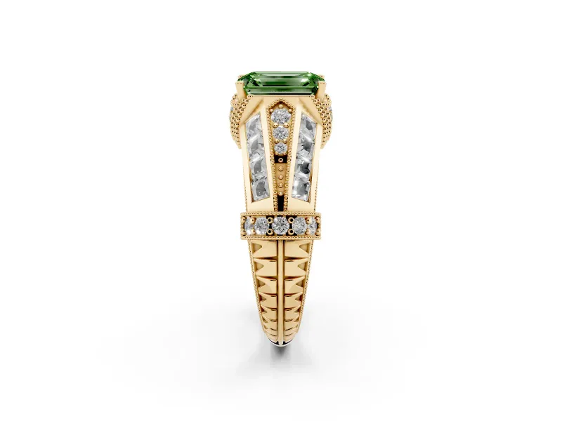 Fancy Green Emerald Cut Diamond Vintage-Inspired Milgrain Ring Set in Yellow gold with Accent Split Shank