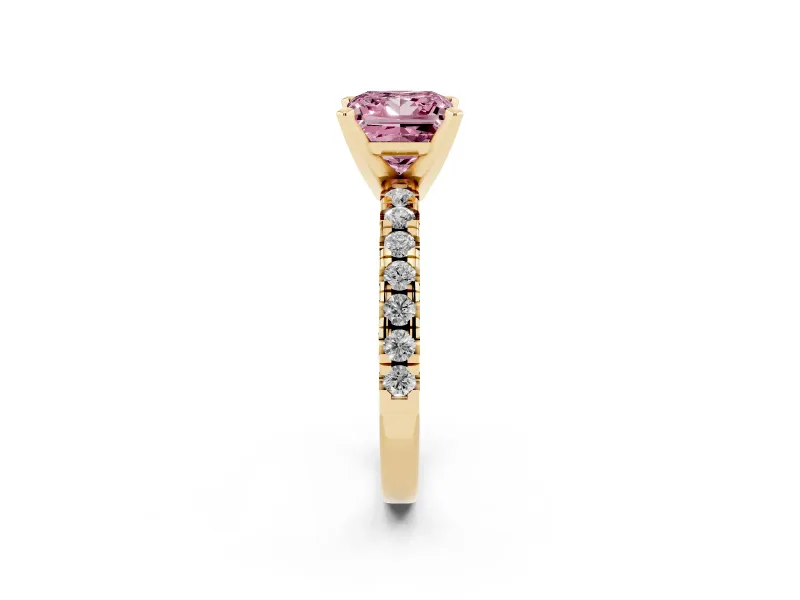 Fancy Pink Princess Cut Diamond Solitaire Pavé Engagement Ring Set in Yellow gold with Round Band and Prong Setting