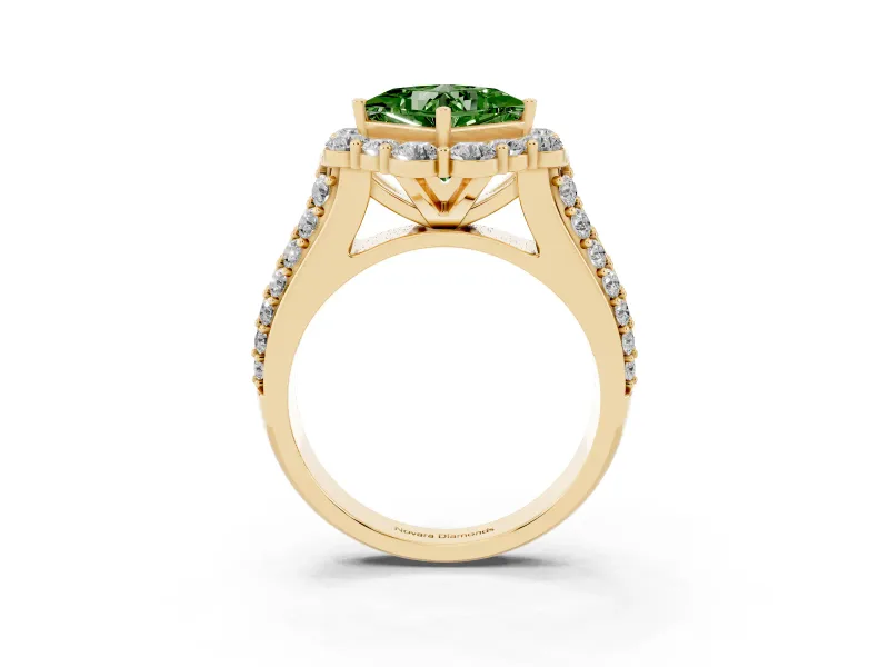 Fancy Green Princess Cut Diamond Halo Engagement Ring Set in Yellow gold with Split Shank and Prong Setting