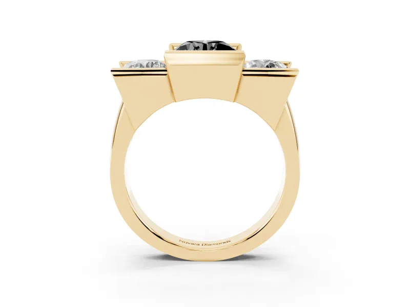 Fancy Black Round Cut Diamond Three-Stone Channel Set Ring Set in Yellow gold with Smooth Polished Band