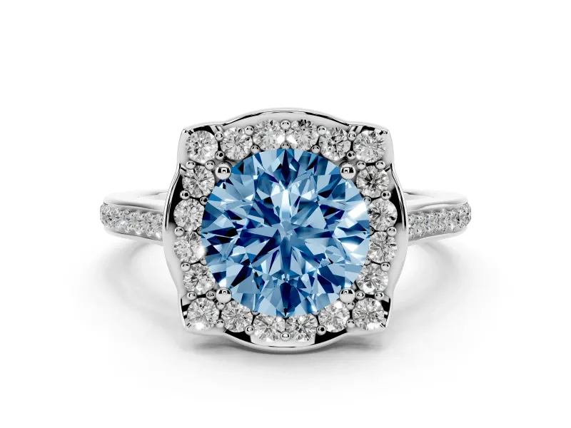 Fancy Blue Round Cut Diamond Halo Ring Set in Platinum with Pavé-Lined Shoulders and Prong Setting