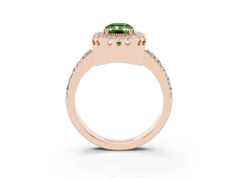 Emerald Cut Milgrain Halo Engagement Ring Setting for a Fancy Green Lab-Grown Diamond | Pavé Shoulders | Rose Gold