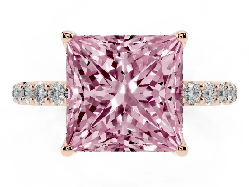 Princess Cut Pave Engagement Ring Setting for a Fancy Pink Lab-Grown Diamond | Slim Band | Rose Gold