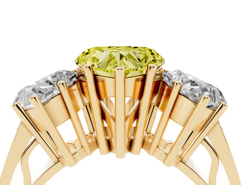 Heart-Shaped Three Stone Engagement Ring Setting for a Fancy Yellow Lab-Grown Diamond | Beaded Shoulders | Yellow Gold