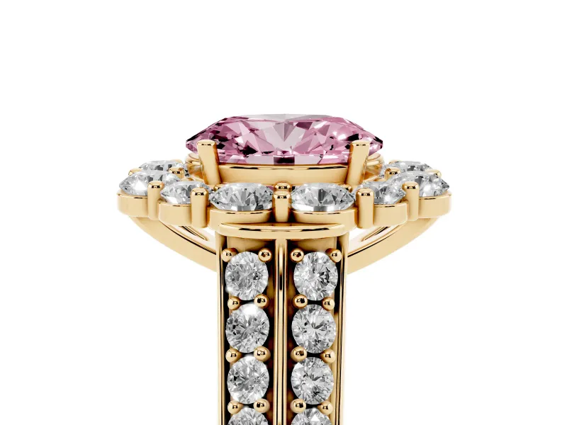 Oval Large Accent Halo Engagement Ring Setting for a Fancy Pink Lab-Grown Diamond | Yellow Gold