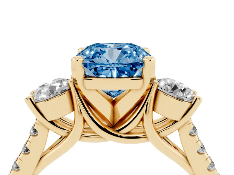Cushion Cut Three-Stone Engagement Ring Setting for a Fancy Blue Lab-Grown Diamond | Yellow Gold