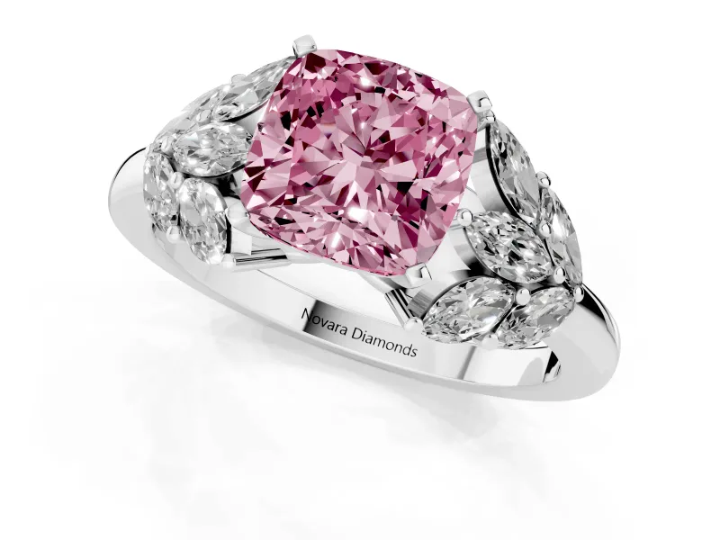 Fancy Pink Cushion Cut Diamond Cluster Leaf Design Ring Set in White gold with Prong Setting