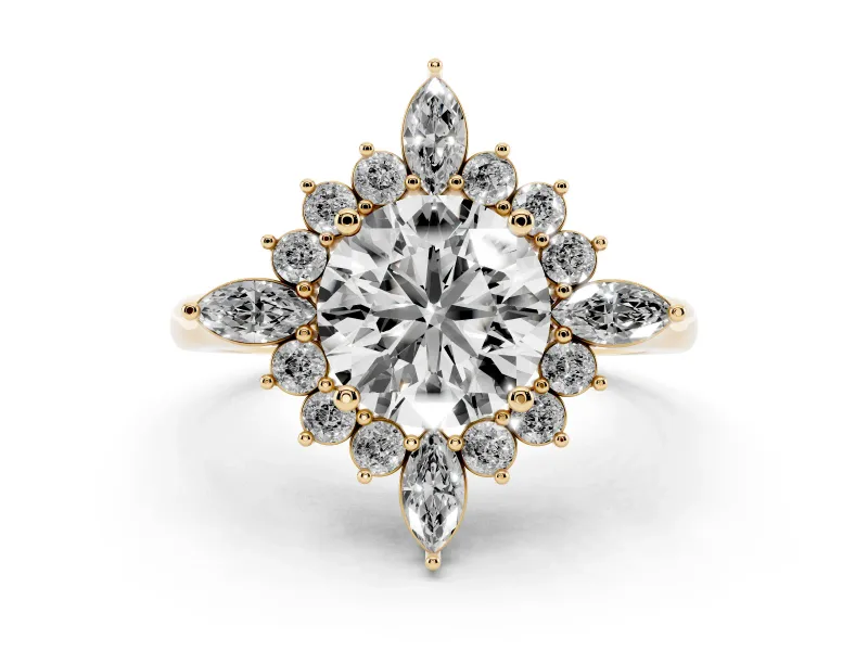 Round Cut Diamond Cluster Halo Ring Set in Yellow gold with Marquise and Round Accents