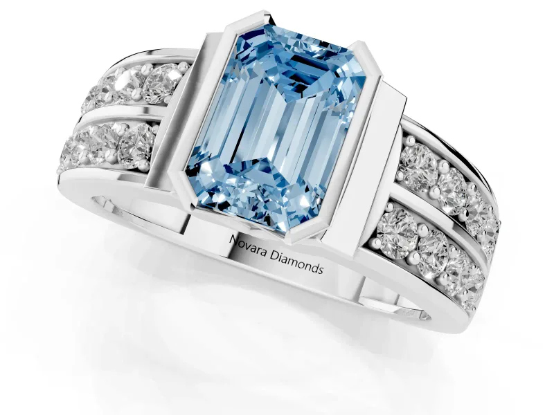 Emerald Cut Half Bezel Engagement Ring Setting for a Fancy Blue Lab-Grown Diamond | Double Row Channel Band | White Gold
