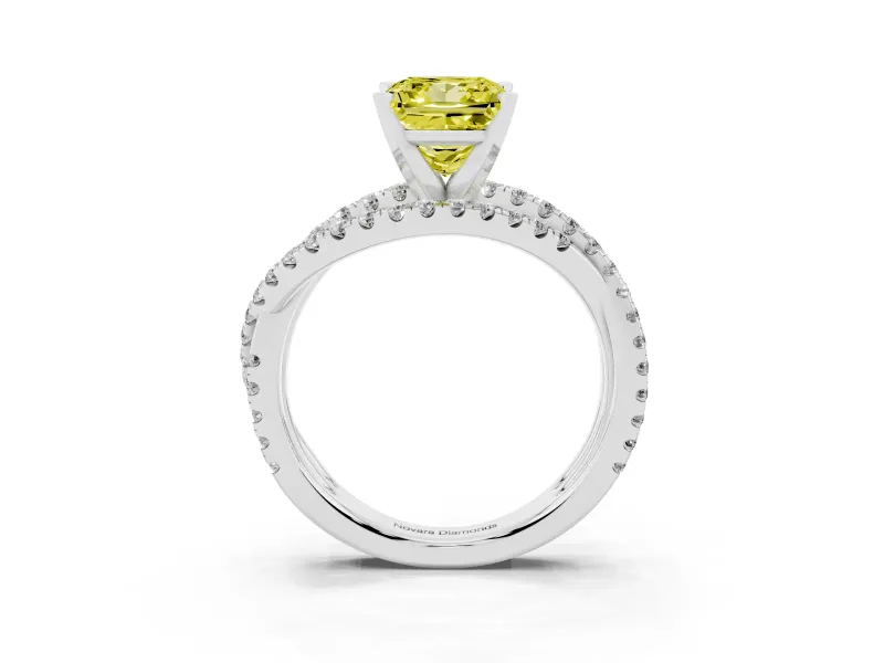 Fancy Yellow Princess Cut Diamond Solitaire Twist Band Ring Set in White gold with Pavé Setting and Prong Head