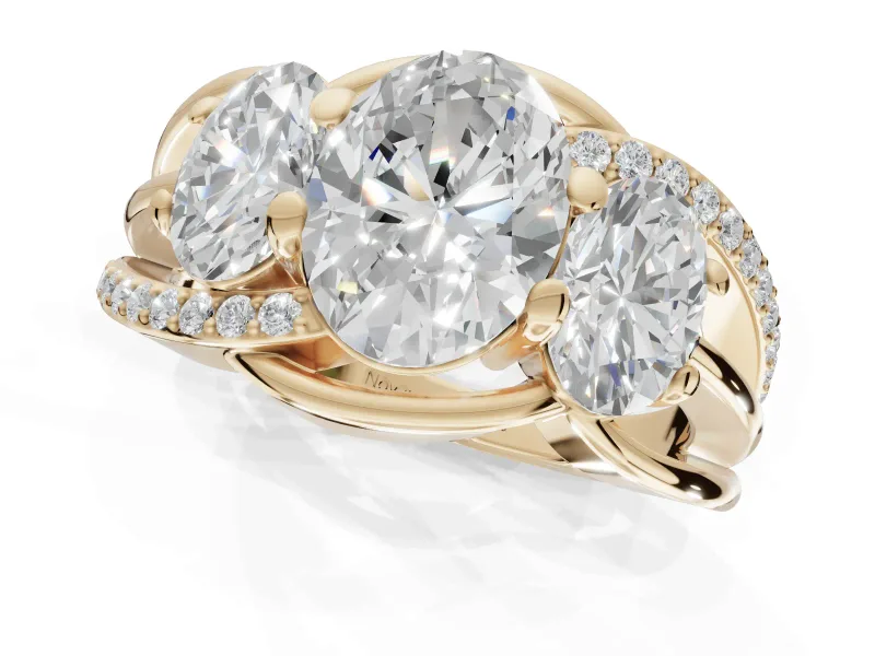 Oval Three Stone Split Shank Engagement Ring Setting | Matching Sides | Yellow Gold