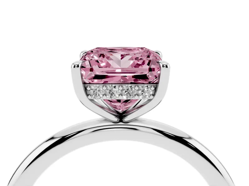 Fancy Pink Princess Cut Diamond Solitaire Ring Set in Platinum with Thin Band and Prong Setting