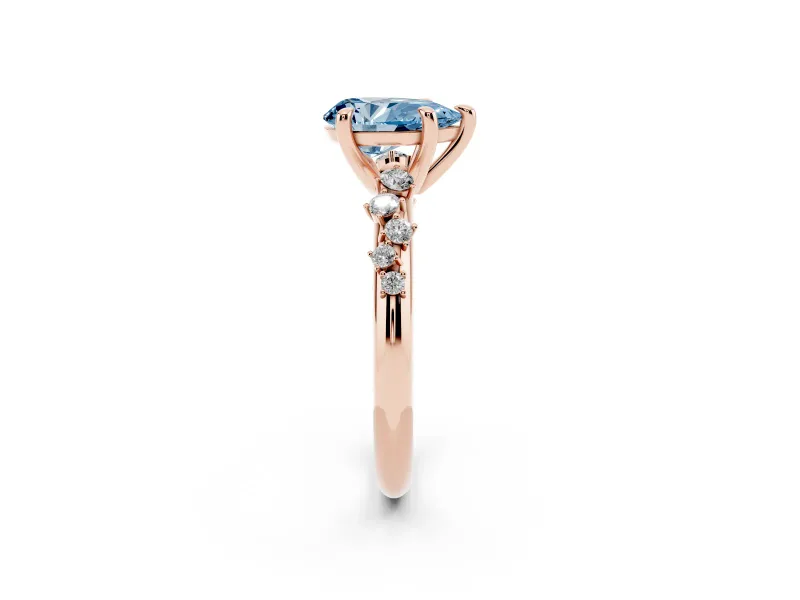 Fancy Blue Pear Cut Diamond Solitaire Vine Band Ring Set in Rose gold with Round Accents and Prong Setting