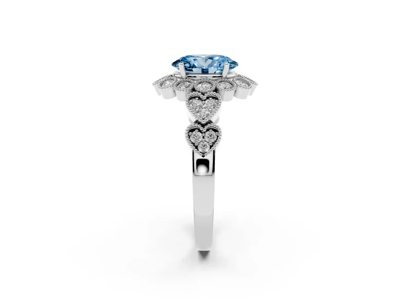 Oval Scalloped Halo Engagement Ring Setting for a Fancy Blue Lab-Grown Diamond | Heart Pavé Band | Platinum