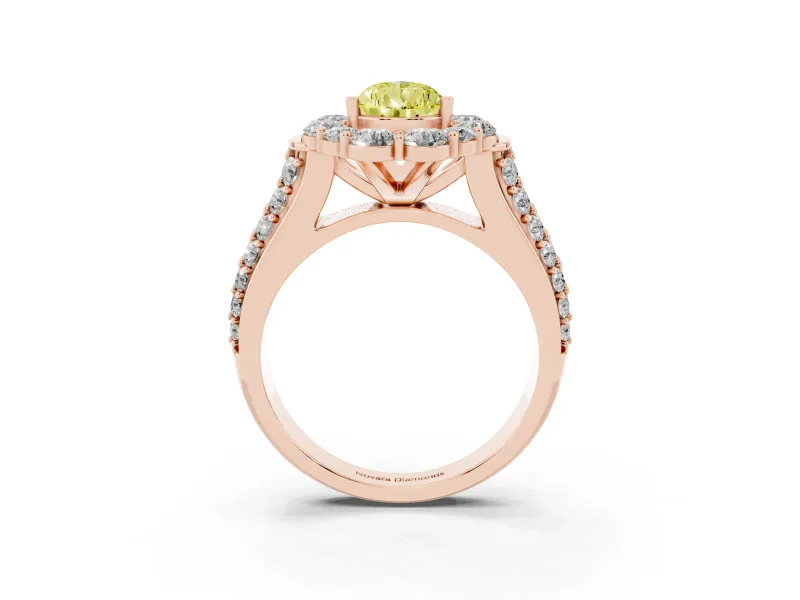 Fancy Yellow Pear Cut Diamond Halo Engagement Ring Set in Rose gold with Split Shank and Prong Setting