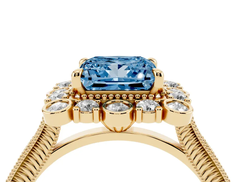 Fancy Blue Princess Cut Diamond Halo Milgrain Pavé Ring Set in Yellow gold with Prong Setting