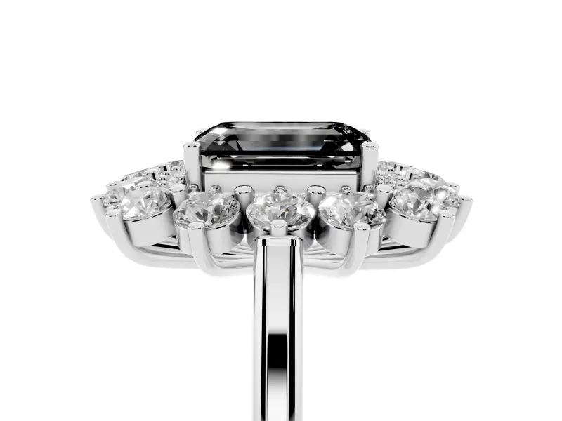 Emerald Cut Floral Double Halo Engagement Ring Setting for a Black Center | Plain Band | White Gold