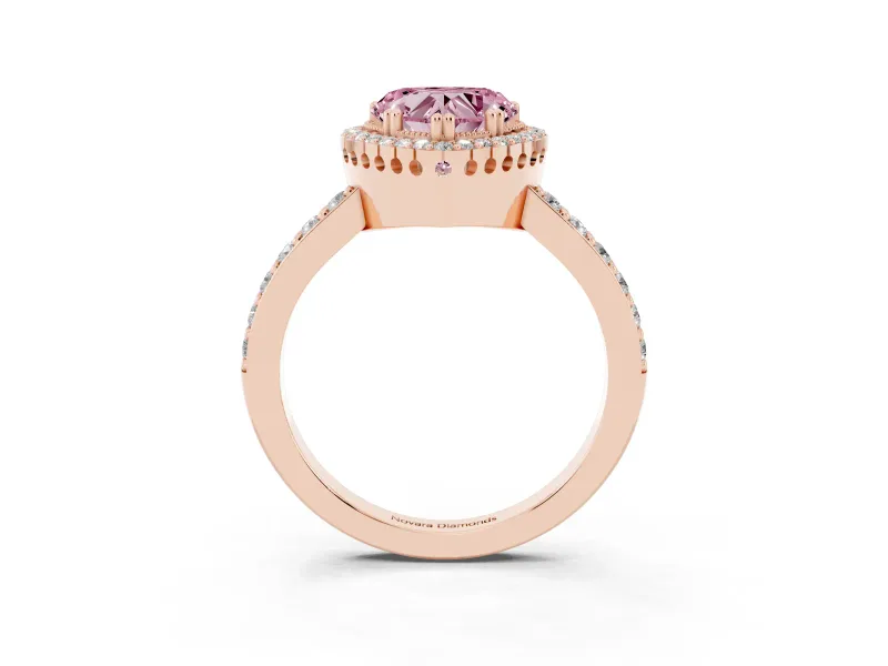 Fancy Pink Heart Cut Diamond Halo Engagement Ring Set in Rose gold with Milgrain Detail and Pavé Band