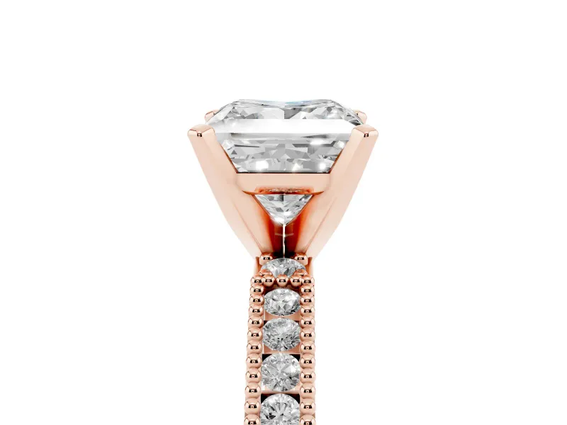 Princess Cut Diamond Solitaire Ring Set in Rose gold with Slim Pavé Band and Prong Setting