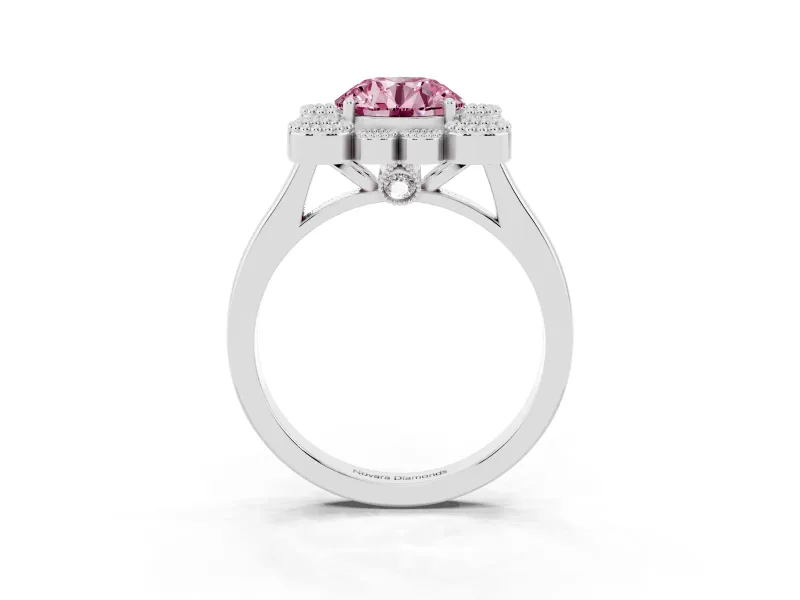 Round Milgrain Cluster Halo Engagement Ring Setting for a Fancy Pink Lab-Grown Diamond | Plain Band | Platinum