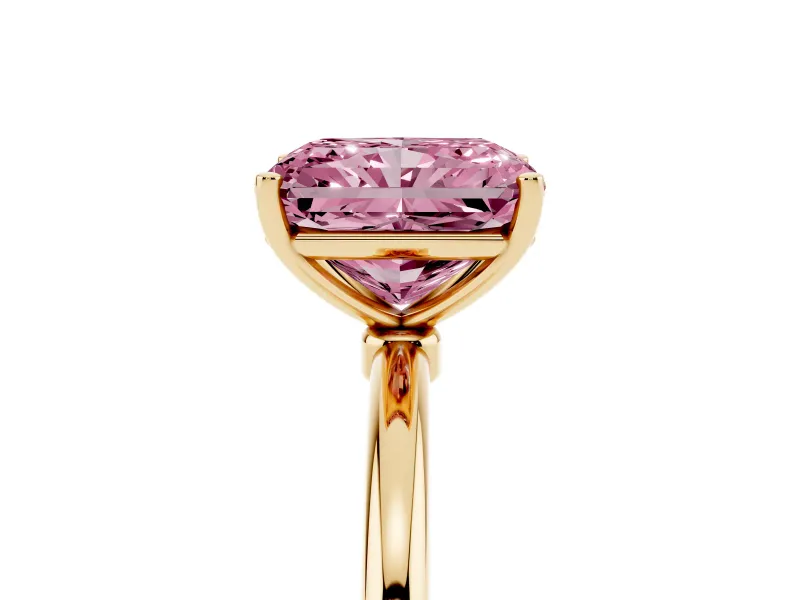 Fancy Pink Radiant Cut Diamond Solitaire Engagement Ring Set in Yellow gold with Thin Band and Prong Setting