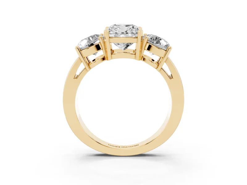 Cushion Cut Three Stone Engagement Ring Setting | Wide Plain Band | Yellow Gold