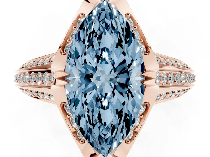 Fancy Blue Marquise Cut Diamond Pavé Split Shank Solitaire Ring Set in Rose gold with Prong Setting