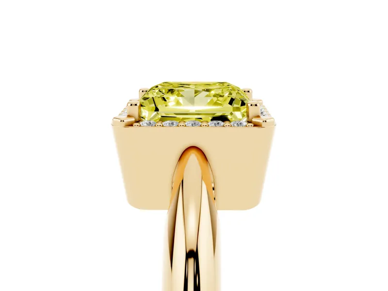 Fancy Yellow Princess Cut Diamond Halo Engagement Ring Set in Yellow gold with Plain Split Shank and Prong Setting