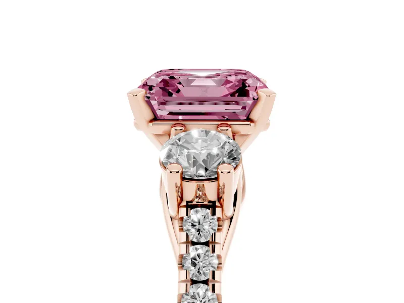 Fancy Pink Three-Stone Asscher Cut Diamond Pavé Band Ring Set in Rose gold with Prong-Set Trio