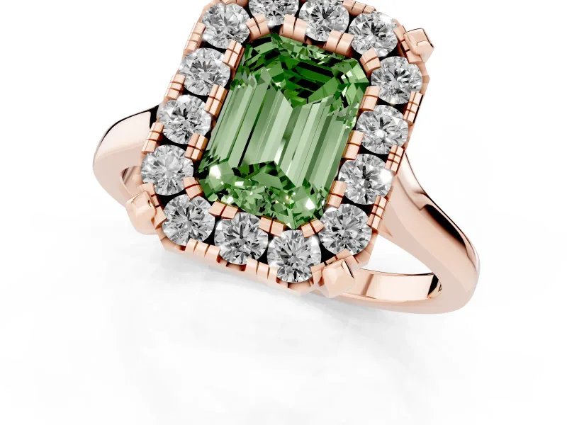 Emerald Cut Claw Corner Halo Engagement Ring Setting for a Fancy Green Lab-Grown Diamond | Slim Plain Band | Rose Gold