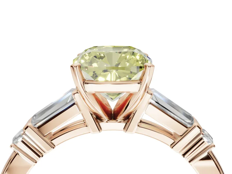Cushion Cut Tapered Baguette Engagement Ring Setting for a Fancy Yellow Lab-Grown Diamond | Bar Set Sides | Rose Gold