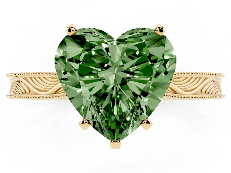 Fancy Green Heart Cut Diamond Solitaire Milgrain Engraved Band Set in Yellow gold with Prong Setting