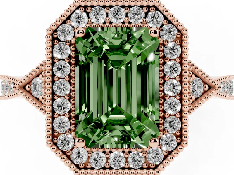 Emerald Cut Milgrain Halo Engagement Ring Setting for a Fancy Green Lab-Grown Diamond | Graduated Pavé | Rose Gold