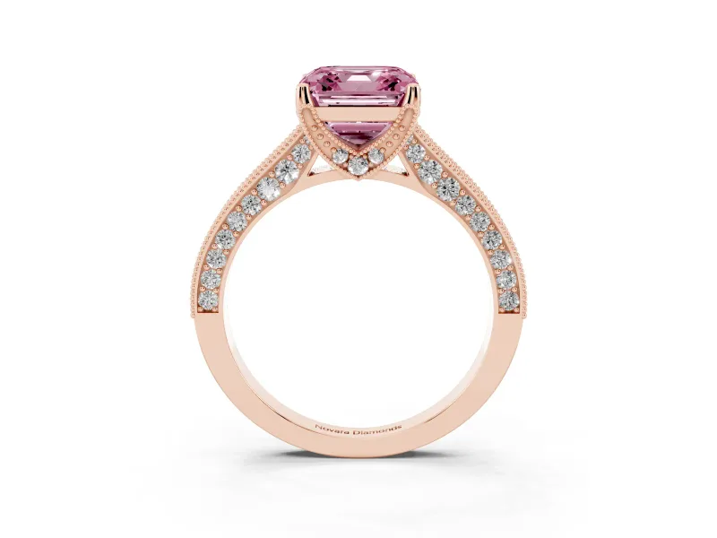 Asscher Cut Hidden Halo Engagement Ring Setting for a Fancy Pink Lab-Grown Diamond | Milgrain Pave | Rose Gold
