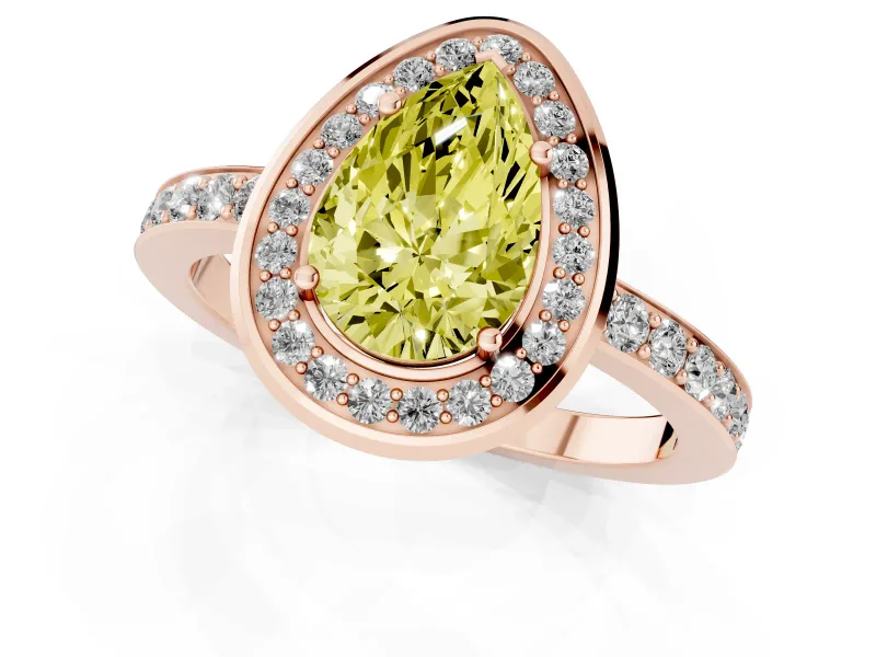 Fancy Yellow Pear Cut Diamond Halo Ring Set in Rose gold with Bezel Frame and Pavé Band