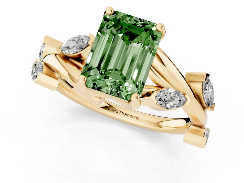 Fancy Green Emerald Cut Diamond Solitaire Ring Set in Yellow gold with Twisted Marquise Accent Band