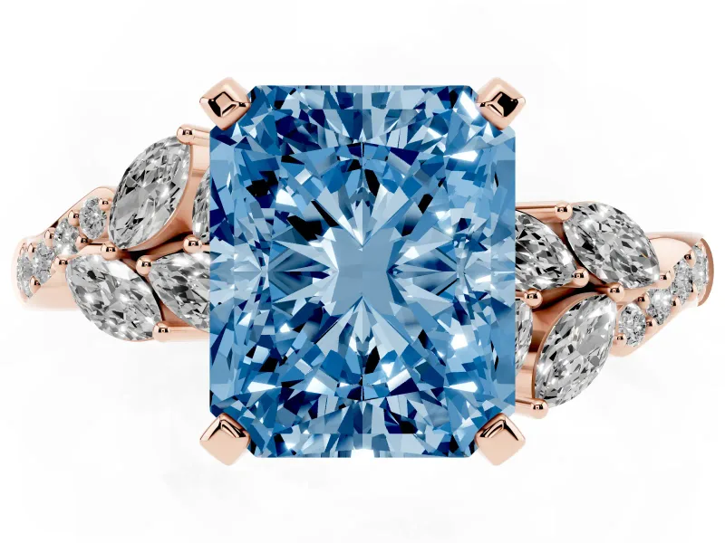 Fancy Blue Radiant Cut Diamond Solitaire Ring Set in Rose gold with Marquise Twist Band and Prong Setting