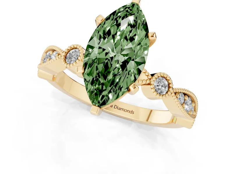 Fancy Green Marquise Cut Diamond Solitaire Engagement Ring Set in Yellow gold with Milgrain Bezel Accent Band