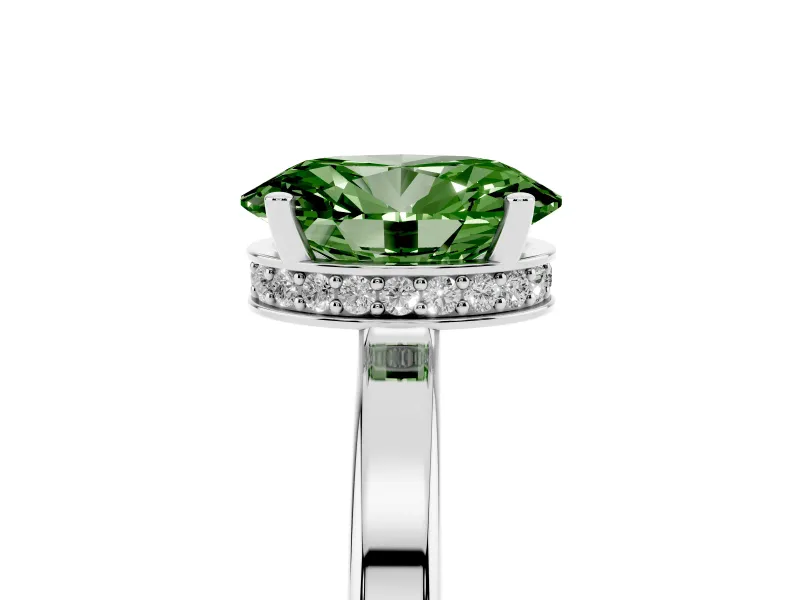 Fancy Green Oval Cut Diamond Solitaire Engagement Ring Set in White gold with Prong Setting on a Plain Band