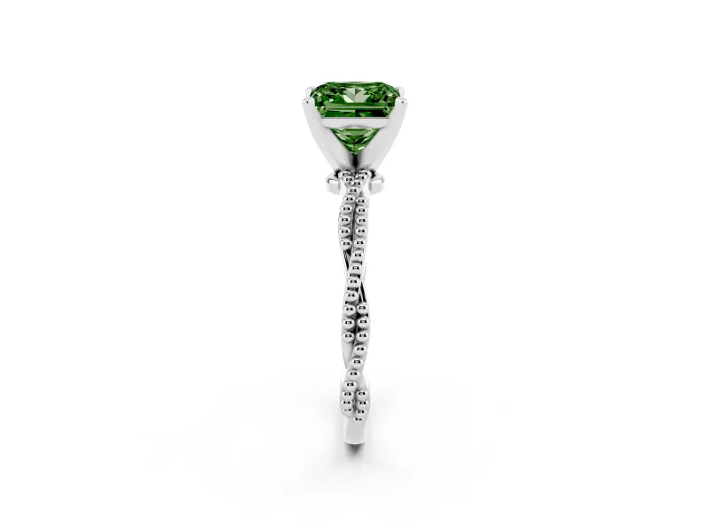 Fancy Green Princess Cut Diamond Solitaire Ring Set in White gold with Twisted Band and Bead Prong Setting