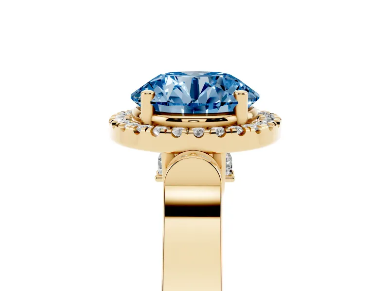 Round Pavé Halo Engagement Ring Setting for a Fancy Blue Lab-Grown Diamond | Yellow Gold