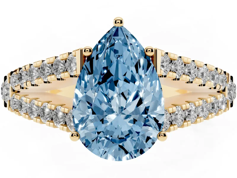 Pear-Shaped Graduated Split Shank Engagement Ring Setting for a Fancy Blue Lab-Grown Diamond | Yellow Gold