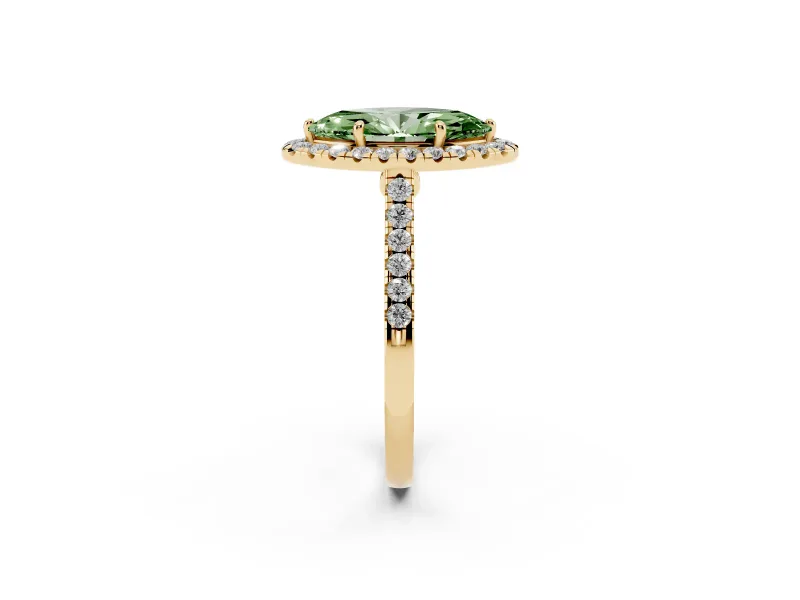 Marquise Halo Engagement Ring Setting for a Fancy Green Lab-Grown Diamond | Pave Shoulders | Yellow Gold