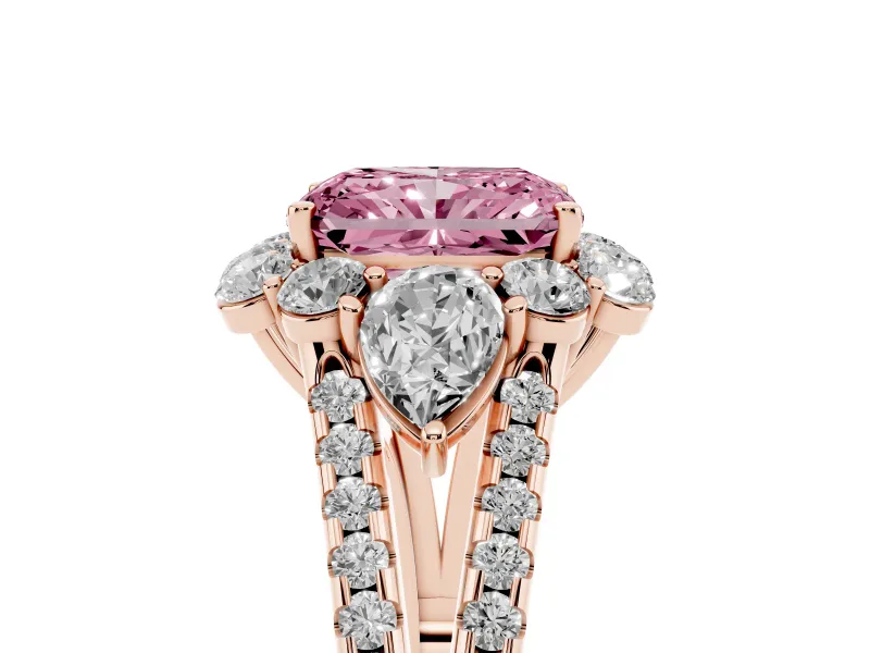 Fancy Pink Radiant Cut Diamond Halo Split Shank Engagement Ring Set in Rose gold with Prong-Held Center Stone