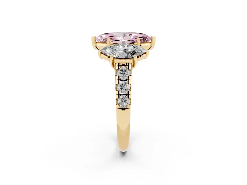 Marquise Three Stone Engagement Ring Setting for a Fancy Pink Lab-Grown Diamond | Accented Shoulders | Yellow Gold