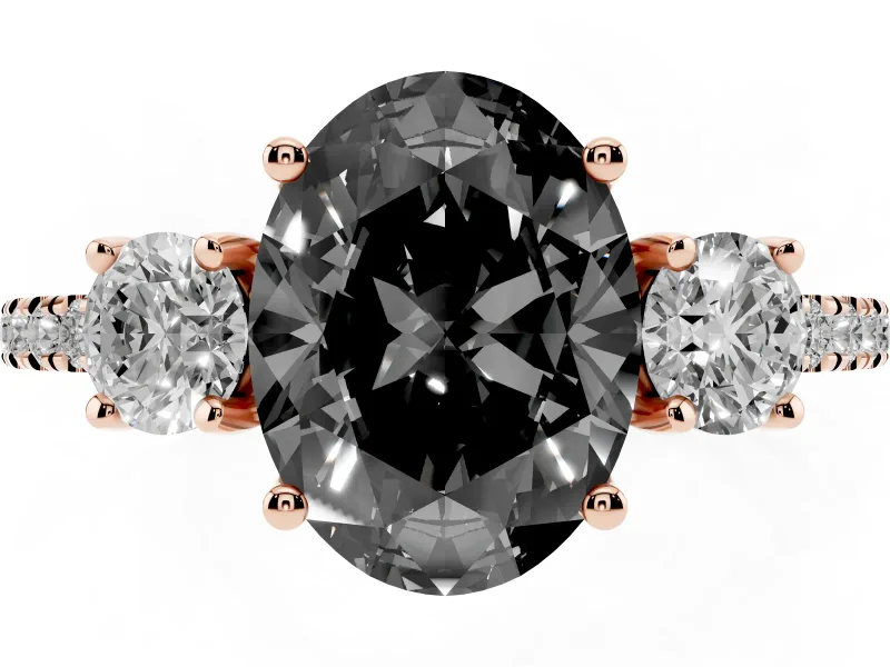 Fancy Black Oval Cut Diamond Three-Stone Ring Set in Rose gold with Pavé Band and Graduated Sides